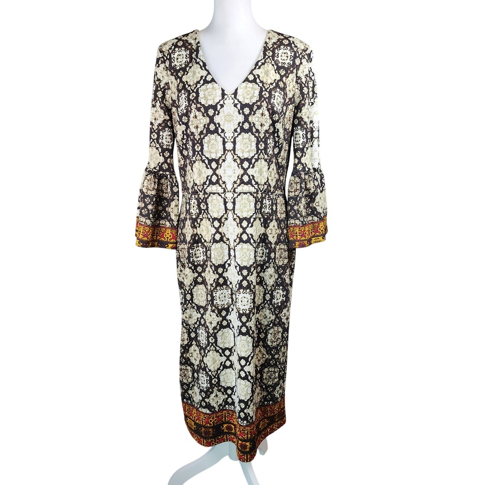 London Times Sheath Dress Womens Black Cream‎ Bell Sleeve Stretch Boho Office